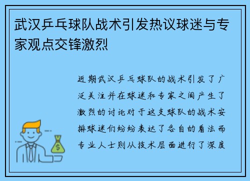 武汉乒乓球队战术引发热议球迷与专家观点交锋激烈